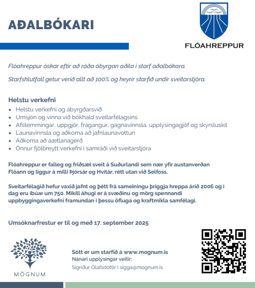 Auglýst er eftir AÐALBÓKARA á skrifstofu Flóahrepps