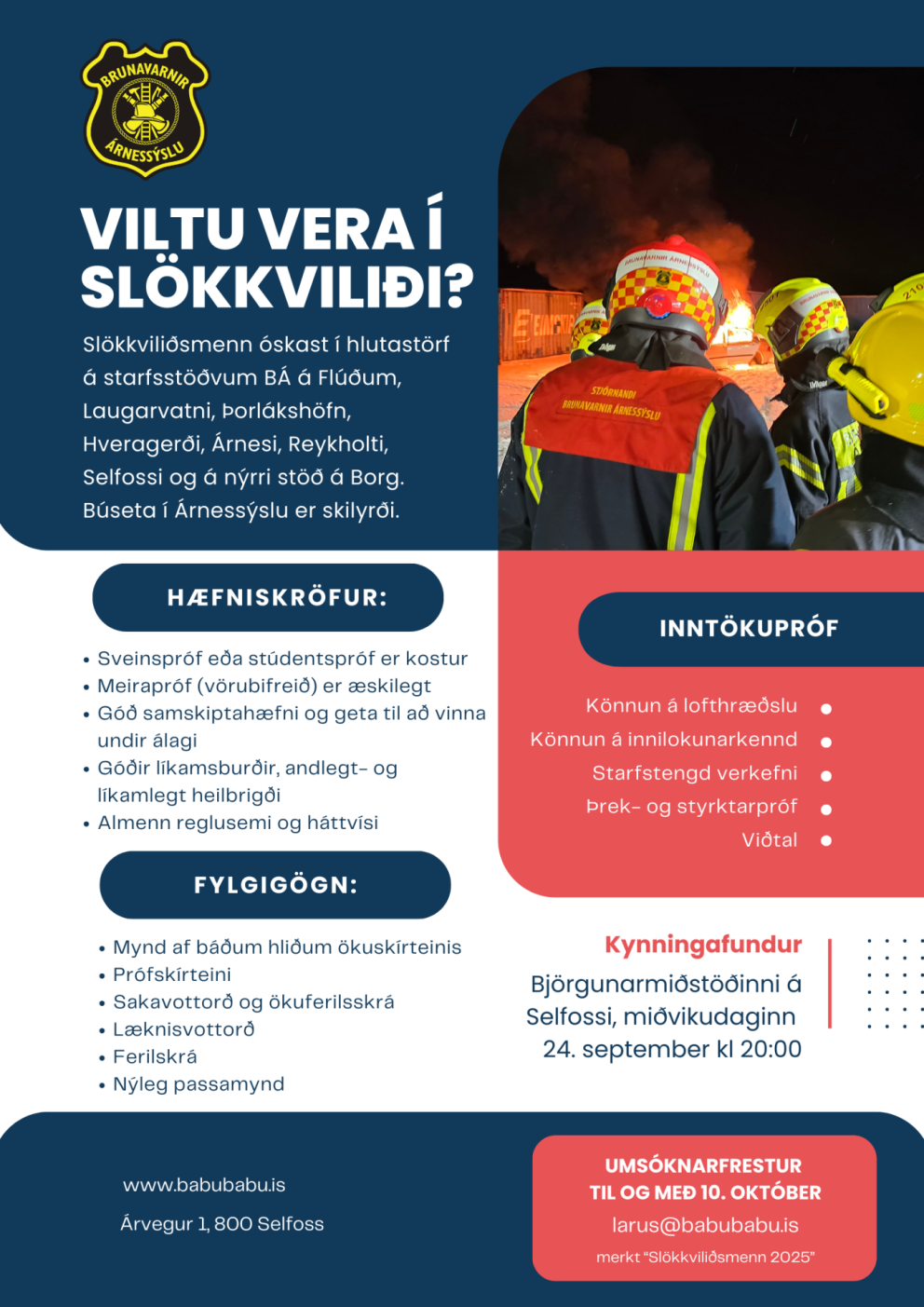 Brunavarnir Árnessýslu auglýsa eftir slökkviliðsmönnum í hlutastarf