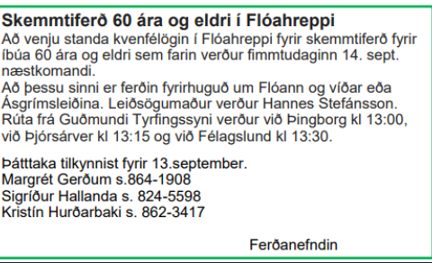 Skemmtiferð 60 ára og eldri í Flóahreppi